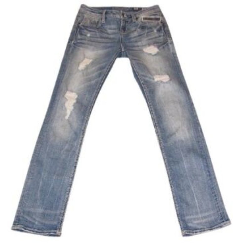 Miss Me Jeans Size 25 Signature Straight Low Rise Denim Distressed 8 Pockets